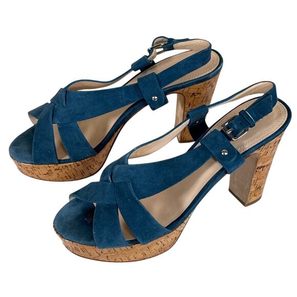 Barneys New York Women's Platform Chunky Heels-Blue Suede Leather Size 9 - Picture 1 of 11